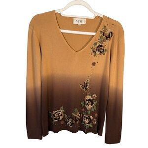 NESS V-Neck Sweater - Brown Floral Embroidered Design Size L Boho Cottagecore